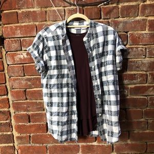 Patterned button down with sleeveless purple tank!